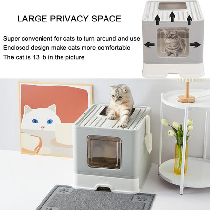Foldable Cat Litter Box with Lid, Large Top Entry Anti-Splashing with Cat Litter Scoop, Enclosed Plastic Kitty Litter Box with Drawer Type Easy Clean Cat Litter Pan-Gray