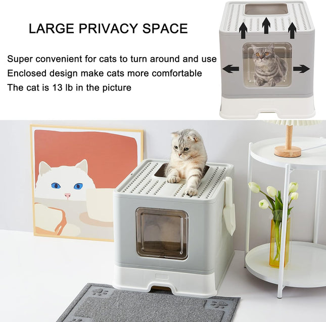 Foldable Cat Litter Box with Lid, Large Top Entry Anti-Splashing with Cat Litter Scoop, Enclosed Plastic Kitty Litter Box with Drawer Type Easy Clean Cat Litter Pan-Gray