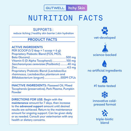Native Pet Gutwell Itchy Skin Relief for Dogs - Dog Allergy & anti Itch Skin Irritation Treatment - Promotes Skin Hydration, Elasticity & Healthy Barrier with Triple-Biotic Blend, Zinc, & Vitamin E - 60 Scoops