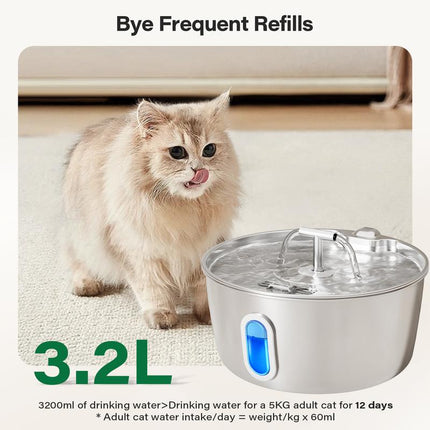 Round One Cat Water Fountain Stainless Steel - 3.2L/108Oz Pet Water Fountain for Cats Indoor - Automatic Pet Watering Dispenser (1 Filter)
