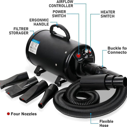 NOVA Dog Hair Dryer 2400W Professional Pet Grooming Dryer Adjustable Speed W/4 Nozzles