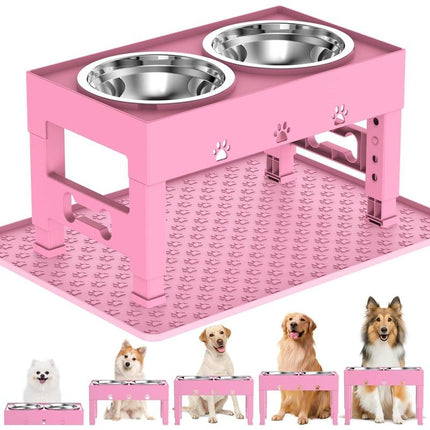 Elevated Dog with Mat, Raised Dog Food Bowl Stand with 2 Stainless Steel , 5 Height Adjustable (3.1", 9", 10", 11", 12") Non-Slip Feeder Set for Medium and Large Dogs - Pink