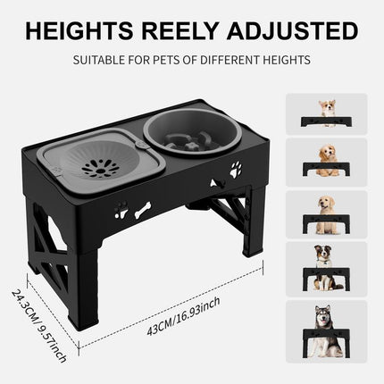 Elevated Dog Bowls, Raised Dog Bowl Stand with Slow Feeder & No Spill Water Bowl, 5 Adjustable Heights for Large Medium and Small Dogs