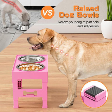 Elevated Dog with Mat, Raised Dog Food Bowl Stand with 2 Stainless Steel , 5 Height Adjustable (3.1", 9", 10", 11", 12") Non-Slip Feeder Set for Medium and Large Dogs - Pink