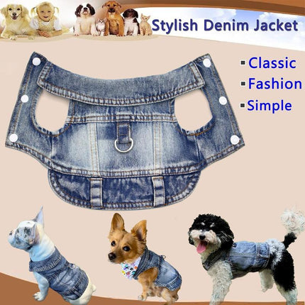 Dog Jean Jacket, Blue Denim Shirt Classic Lapel Vest Coat Costume Puppy T-Shirt, Comfort Tank Top Cool Apparel, Washed Pet Clothes for Dogs Boy Girl (With D-Ring, Medium)
