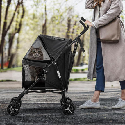 4 Wheels Pet Stroller, Easy-Fold Puppy Cage Jogger Stroller with Sun Cover, Pad and Rear Storage Bag, Breathable and Visible Mesh for Small/Medium Pets up to 22 Lbs, Black Cattravel Comfy Carrier with Washable Bed