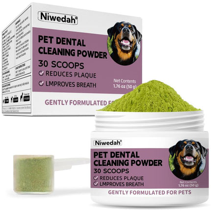 Niwedah Pet Dental Cleaning Powder - 30 Scoops for Dogs - Reduces Plaque & Improves Breath - Natural Herbal Blend & Postbiotics - Safe & Easy to Use