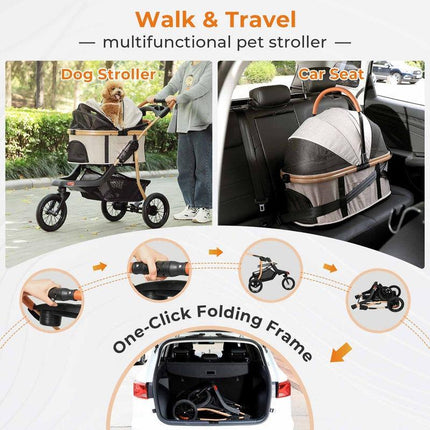 Sikaic Pet Stroller One-Click Folding Frame Traveling Strolling Cart Khaki Carrier