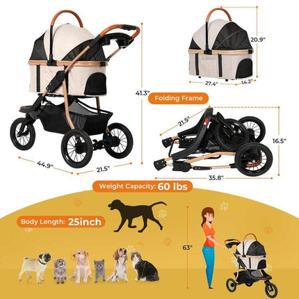 Sikaic Pet Stroller One-Click Folding Frame Traveling Strolling Cart Khaki Carrier