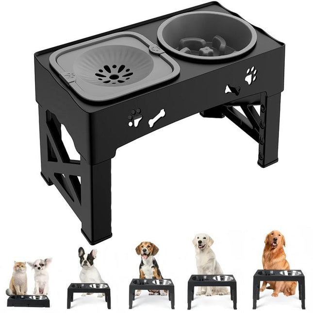 Elevated Dog Bowls, Raised Dog Bowl Stand with Slow Feeder & No Spill Water Bowl, 5 Adjustable Heights for Large Medium and Small Dogs