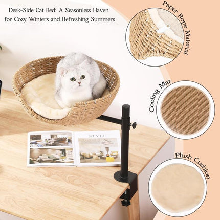 Cat Desk Bed, 360°Rotating & Adjustable Cat Bed for Desk, Desk Cat Nest Bed Max Load 50 Lbs, Soft Pet Bed with Pet Mat Indoor Cat Furniture for Office Desks, Game Tables