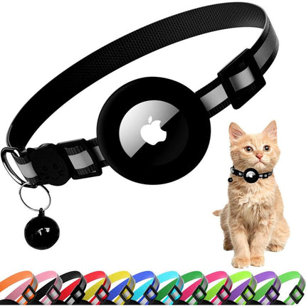 Cat Collar with Air Tag Holder, Reflective Kitten Collar with Bell, Breakaway Airtag Cat Collar for Boys Girls Cats, GPS Tracker for Cats 0.4’’ Width Adjustable Safe Kitty Collar, Black