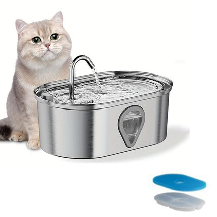 NPET 3.5L/101OZ Cat Water Fountain,With 9 Replacement Filters, 304 Stainless Steel, Automatic Water Fountain for Cats, Visual Water Level Window, Gift for Pets