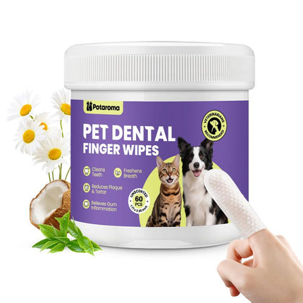 Potaroma Pet Cleaning Finger Wipes for Dogs and Cats – No-Rinse Finger Toothbrush Kit Ear Cleaner Grooming Kit Gum Care Dental Wipes, Soft & Disposable – 60 Count