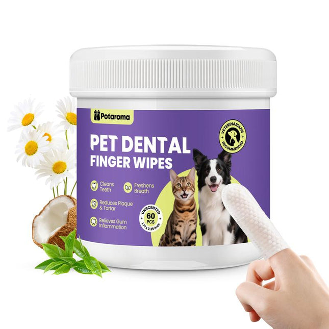 Potaroma Pet Cleaning Finger Wipes for Dogs and Cats – No-Rinse Finger Toothbrush Kit Ear Cleaner Grooming Kit Gum Care Dental Wipes, Soft & Disposable – 60 Count