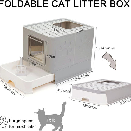 Foldable Cat Litter Box with Lid, Large Top Entry Anti-Splashing with Cat Litter Scoop, Enclosed Plastic Kitty Litter Box with Drawer Type Easy Clean Cat Litter Pan-Gray