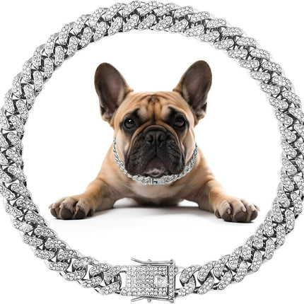 Dog Chain Diamond Collar Walking Metal Chain Necklace with Secure Buckle Pet Cuban Style Collar Jewelry Accessories for Small Medium Large Dog Cats