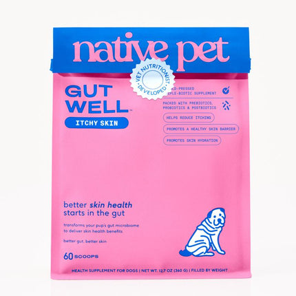 Native Pet Gutwell Itchy Skin Relief for Dogs - Dog Allergy & anti Itch Skin Irritation Treatment - Promotes Skin Hydration, Elasticity & Healthy Barrier with Triple-Biotic Blend, Zinc, & Vitamin E - 60 Scoops