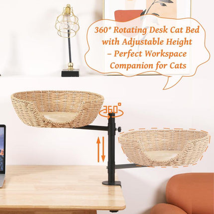 Cat Desk Bed, 360°Rotating & Adjustable Cat Bed for Desk, Desk Cat Nest Bed Max Load 50 Lbs, Soft Pet Bed with Pet Mat Indoor Cat Furniture for Office Desks, Game Tables