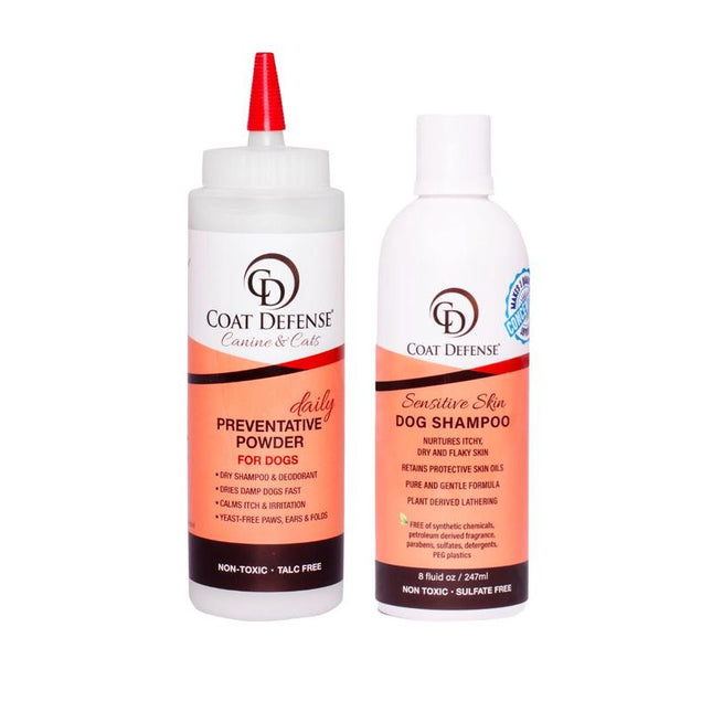 COAT DEFENSE Paw Licker Bundle - Daily Preventative Powder & Sensitive Skin Dog Shampoo - Non-Toxic, Talc-Free, Aloe Vera Based Formula