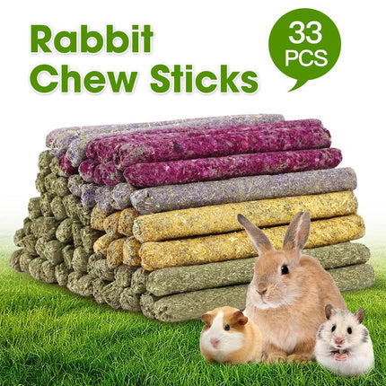JOREWOOD 33PCS Rabbit Chew Sticks, Mixed Natural Timothy Hay Flower Rose Dahlberg Daisy and Forget-Me-Not Chew Toys Treats for Bunny Chinchilla Guinea Pig Hamster and Other Small Pets Molar Snacks