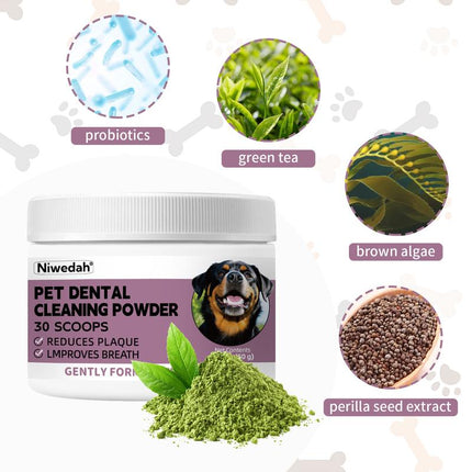 Niwedah Pet Dental Cleaning Powder - 30 Scoops for Dogs - Reduces Plaque & Improves Breath - Natural Herbal Blend & Postbiotics - Safe & Easy to Use