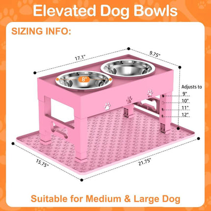 Elevated Dog with Mat, Raised Dog Food Bowl Stand with 2 Stainless Steel , 5 Height Adjustable (3.1", 9", 10", 11", 12") Non-Slip Feeder Set for Medium and Large Dogs - Pink