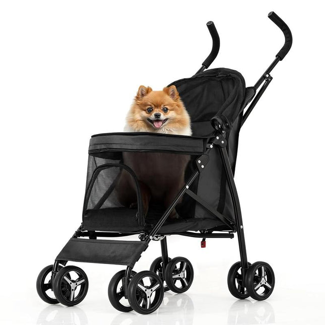 4 Wheels Pet Stroller, Easy-Fold Puppy Cage Jogger Stroller with Sun Cover, Pad and Rear Storage Bag, Breathable and Visible Mesh for Small/Medium Pets up to 22 Lbs, Black Cattravel Comfy Carrier with Washable Bed