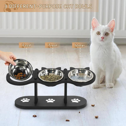 Raised Cat Food Bowls for Indoor Cats, Elevated Cat Bowls,Adjustable Heights Pet Bowl with Black Shelf,3 Stainless Steel Elevated Cat Bowls Stand with 15 ° Tilted,Cat Food and Water Bowl Setcat Food Bowl Slow Feeder Bowl