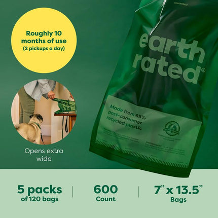 Earth Rated Dog Poop Bags with Handles Value Pack, Easy Tie and Guaranteed Leakproof, Unscented, 600 Handle Bags