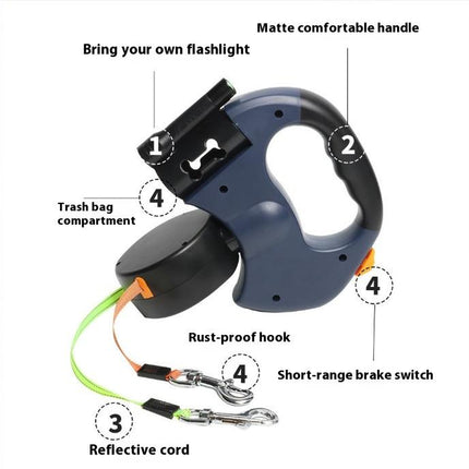 Tangle-Free Retractable Double Dog Leash for 2 Dogs – Dual Head Leash with LED Flashlight & Waste Bag Dispenser – No-Twist Leash for Small & Medium Dogs like Golden Retriever, Husky, Doberman, French Bulldog, Corgi, Dachshund, Pomeranian-Vsj