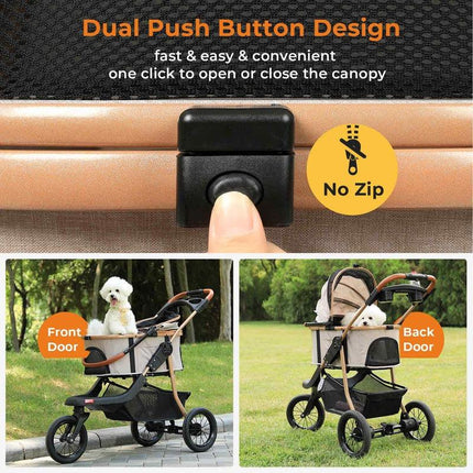 Sikaic Pet Stroller One-Click Folding Frame Traveling Strolling Cart Khaki Carrier
