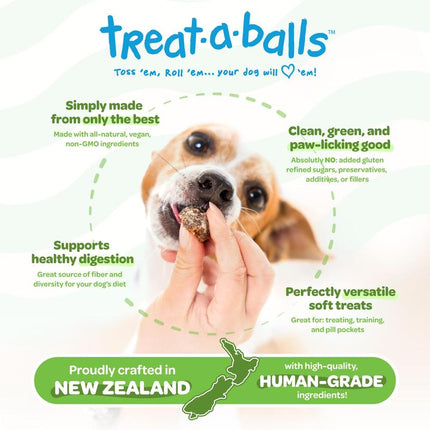 Peteverscence Treat-A-Balls Dog Training Treats - Healthy Low Calorie Vegan Treats for Small to Large Dogs - 18 Mango Chia Spinach Coated Balls - New Zealand Made