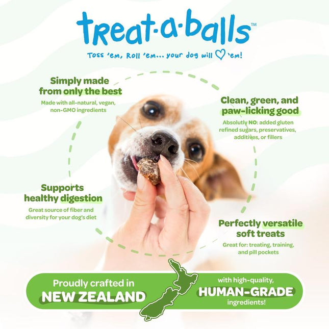Peteverscence Treat-A-Balls Dog Training Treats - Healthy Low Calorie Vegan Treats for Small to Large Dogs - 18 Mango Chia Spinach Coated Balls - New Zealand Made